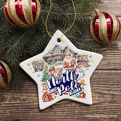 City of North Pole Alaska Artistic Christmas Ornament, Ceramic Souvenir with Santa and Elf, Star