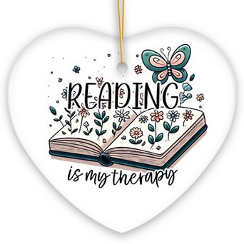 Reading is my Therapy Whimsical Ceramic Ornament, Book Lovers Christmas Gift