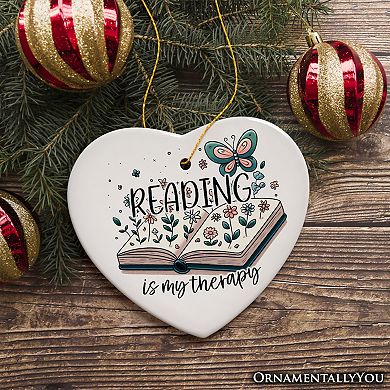 Reading is my Therapy Whimsical Ceramic Ornament, Book Lovers Christmas Gift