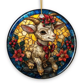 Elegant Goat Stained Glass Theme Ceramic Ornament, Buck and Doe Mountain Animal Decor Version 2