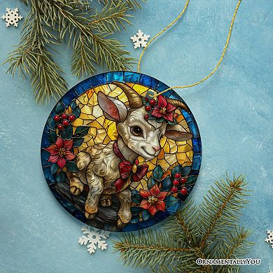 Elegant Goat Stained Glass Theme Ceramic Ornament, Buck and Doe Mountain Animal Decor Version 2
