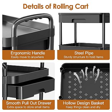 3-Tier Rolling Utility Cart with Drawer, Lockable 360° Wheels for Bedroom, Bathroom, Kitchen