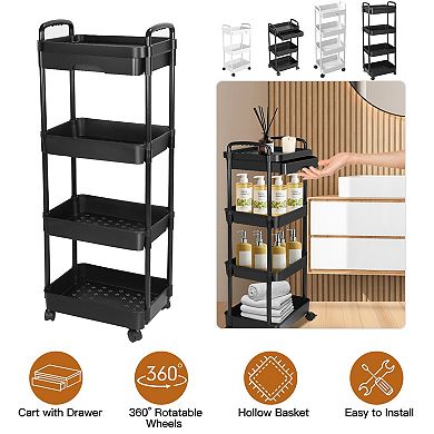 3-Tier Rolling Utility Cart with Drawer, Lockable 360° Wheels for Bedroom, Bathroom, Kitchen