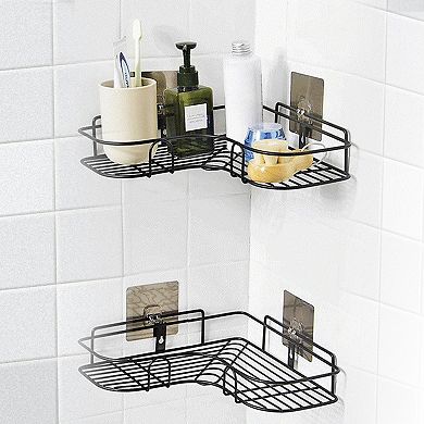 2Pcs Corner Shower Caddy Wall Mounted Rack Bathroom Storage Organizer with Adhesive Hooks