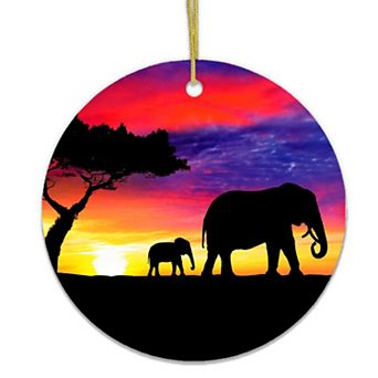 Elephant Silhouette Ornament, Exotic Nature Sunset of Africa Christmas Decoration