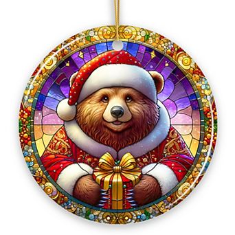 Santa Bear Stained Glass Style Ceramic Ornament, Christmas Gift and Decor