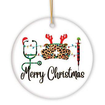 Plaid Nurse Theme Merry Christmas Ornament, Stethoscope and Needle, Circle Version