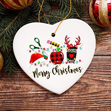 Merry Christmas Plaid Teacher Ornament, School Professional Gift, Heart Version