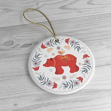 Scandinavian Folk Bear Ornament, Ethnic Floral Elegant Nature Design
