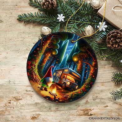 Enchanted Camper Gnome Forest Haven Ornament, Magical Twilight Christmas Decor