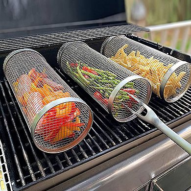 2Pcs Portable BBQ Rolling Basket Round Stainless Steel Grill
