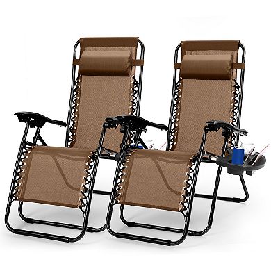 2 Pack Zero Gravity Lounge Chairs Foldable Recliners with Trays & Pillows 330lbs Capacity