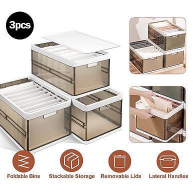 3-Pack Foldable Storage Bins with Lid, Stackable Closet Organizer with Handle & Divider