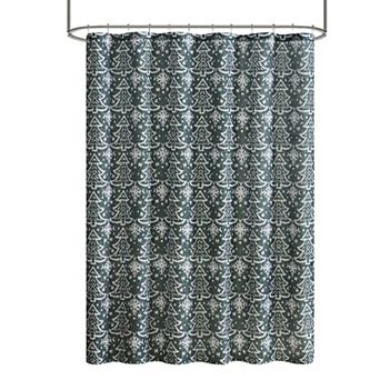 Kate Aurora Tis The Season Winter Christmas Trees and Snowflakes Green Fabric Shower Curtain