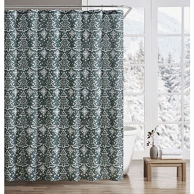 Kate Aurora Tis The Season Winter Christmas Trees and Snowflakes Green Fabric Shower Curtain