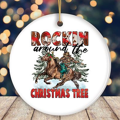 Vintage Western Theme Rockin Around the Christmas Tree Ornament, Cowboy Rodeo Decor, Circle