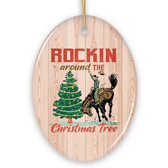 Vintage Western Theme Rockin Around the Christmas Tree Ornament, Cowboy Rodeo Decor, Circle