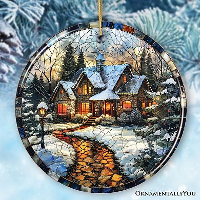Rustic Winter Cabin Stained Glass Ceramic Christmas Ornament, Vintage Decor Version 2