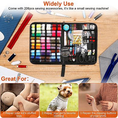 206Pcs Travel Sewing Kit with Needles, Threads, Scissors, Thimble & Tape Measure for Beginners