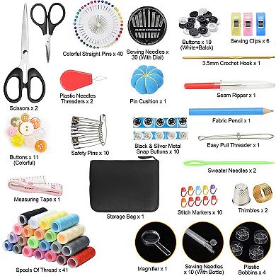 206Pcs Travel Sewing Kit with Needles, Threads, Scissors, Thimble & Tape Measure for Beginners