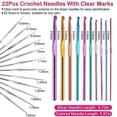 22Pcs Crochet Hook Set with Aluminum Handles, Multi-Color Knitting Needles 0.66.5mm w/ Case