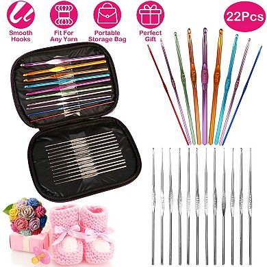 22Pcs Crochet Hook Set with Aluminum Handles, Multi-Color Knitting Needles 0.66.5mm w/ Case
