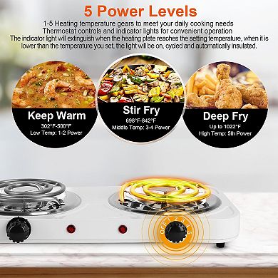 2000W Electric Double Burner Hot Plate Portable Stove with 5 Temp Settings