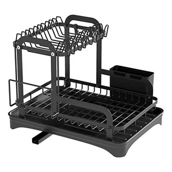 2 tier Dish Drying Rack with Drainboard, Rustproof Kitchen Counter Organizer with Utensil Holder