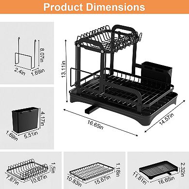 2-Tier Dish Drying Rack with Drainboard, Rustproof Kitchen Counter Organizer with Utensil Holder