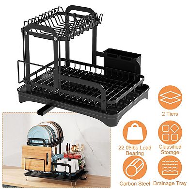 2-Tier Dish Drying Rack with Drainboard, Rustproof Kitchen Counter Organizer with Utensil Holder
