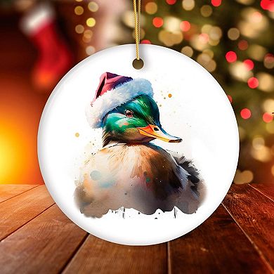 Watercolor Mallard Duck Christmas Ornament, Circle Version