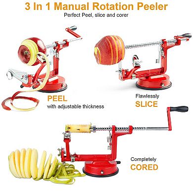 3-in-1 Apple Peeler, Potato & Fruit Slicer with Corer Manual Rotation, Suction Base, Zinc Alloy
