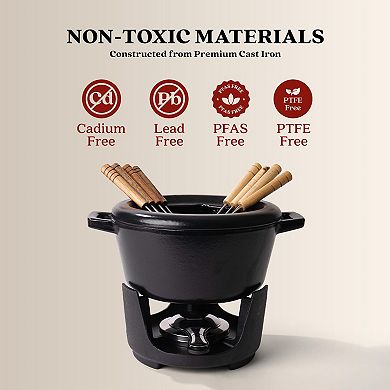 Alva Nori Enameled Cast Iron Fondue Set w/ 8 Fondue Forks & Burner & Easy-to-Clean - 2 Qt./2 L