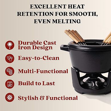 Alva Nori Enameled Cast Iron Fondue Set w/ 8 Fondue Forks & Burner & Easy-to-Clean - 2 Qt./2 L
