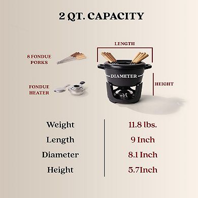 Alva Nori Enameled Cast Iron Fondue Set w/ 8 Fondue Forks & Burner & Easy-to-Clean - 2 Qt./2 L