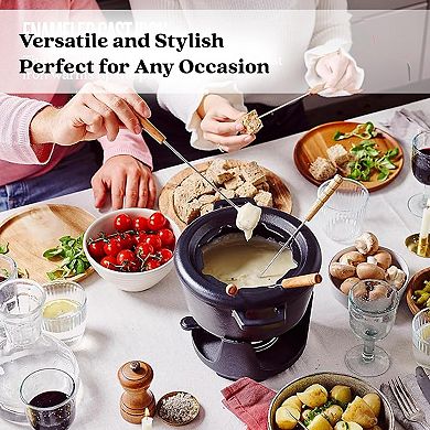 Alva Nori Enameled Cast Iron Fondue Set w/ 8 Fondue Forks & Burner & Easy-to-Clean - 2 Qt./2 L