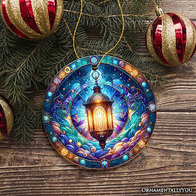 Illustrious Lantern Stained Glass Style Ceramic Ornament, Christmas Gift and Decor