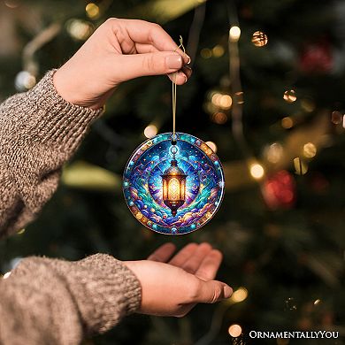 Illustrious Lantern Stained Glass Style Ceramic Ornament, Christmas Gift and Decor