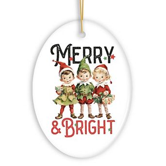 Vintage Elves Merry & Bright Christmas Ornament, Retro Ceramic Tree Decoration