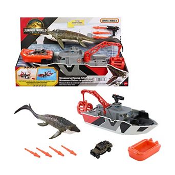 Matchbox Jurassic World Mosasaurus Rescue Action Boat Playset with Dino & Car