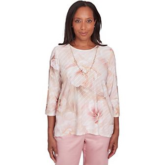 Women's Alfred Dunner Textured Watercolor Flower Top with Necklace