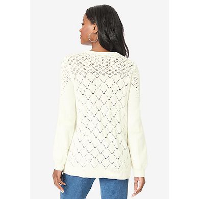 Roaman's Women's Plus Size Rhinestone Pointelle Knit Sweater