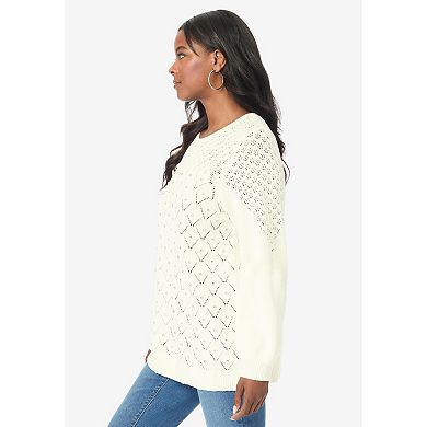 Roaman's Women's Plus Size Rhinestone Pointelle Knit Sweater