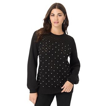 Roaman's Women's Plus Size Rhinestone Pointelle Knit Sweater