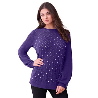Roaman's Women's Plus Size Rhinestone Pointelle Knit Sweater
