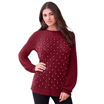 Roaman's Women's Plus Size Rhinestone Pointelle Knit Sweater