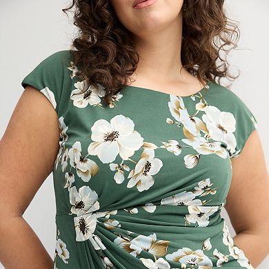 Plus Size Studio Connection Printed Cap Sleeve Drape Dress