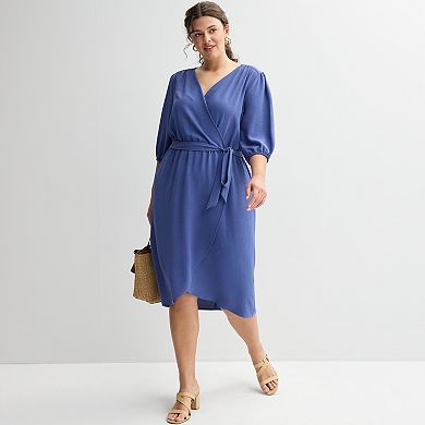 Plus Size Studio Connection Solid Airflow 3/4 Sleeve Wrap Dress