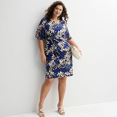 Plus Size Studio Connection Printed Side Drape Chiffon Dress