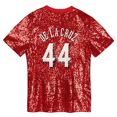 Juniors Elly De La Cruz Red Cincinnati Reds Name & Number Sequin V-Neck Top